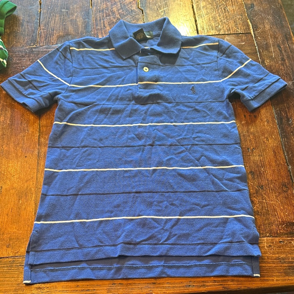 Ralph Lauren Blue and White Striped Kids Polo Shirt Size S(8)